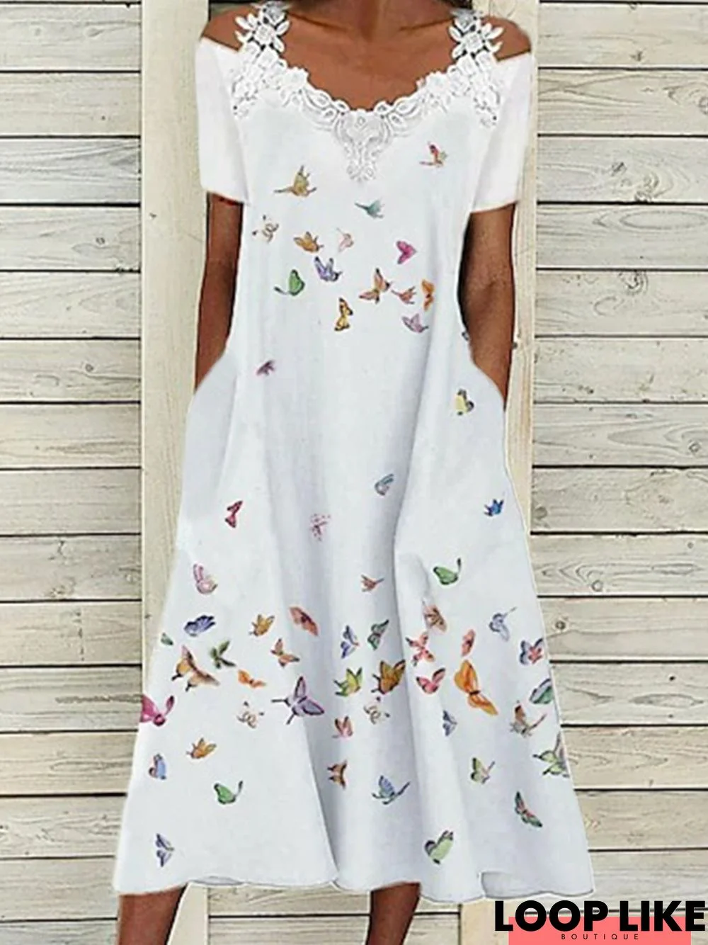 Casual Loose V neck Short Sleeve Butterfly Dresses