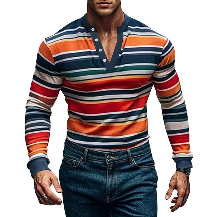 Men's Colorblock Striped Henley Collar Long Sleeve Casual T-shirt