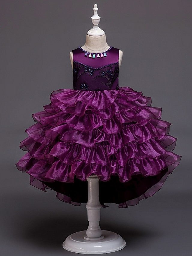 Beautiful Ball Gown Asymmetrical Sleeveless Jewel Neck Flower Girl Dresses with Tulle Bow and Pattern Print main image 0