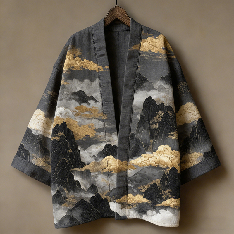 Men's Retro Japanese Landscape Print Linen Kimono Cardigan  artssus
