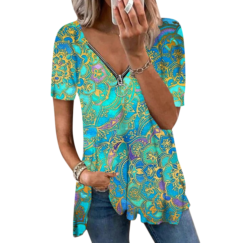 Vintage Print T-shirt Women  Tops Summer Zipper V-neck Blouse Shirt