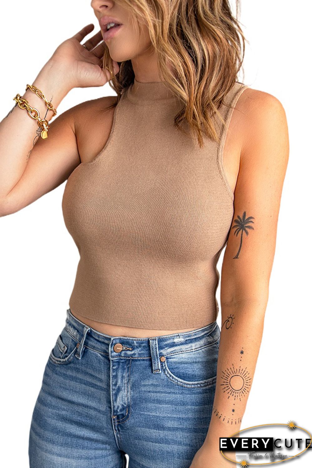 Khaki Ribbed Mock Neck Crop Top