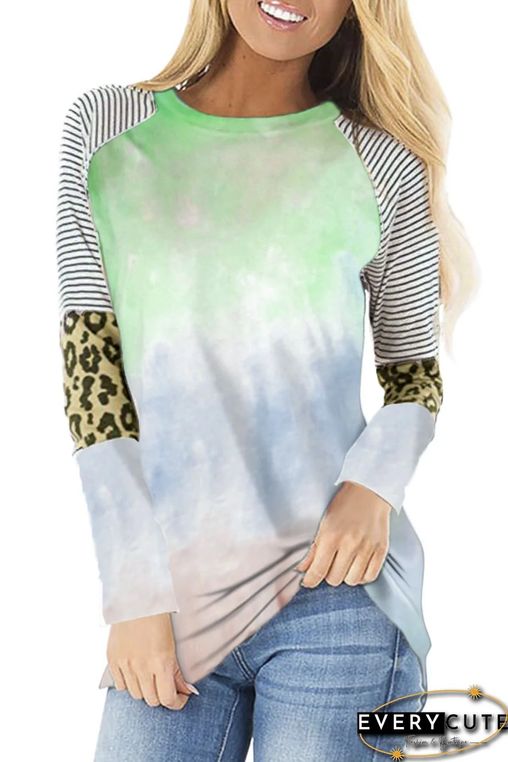 Green Tie-dyed Striped and Leopard Long Sleeves Top