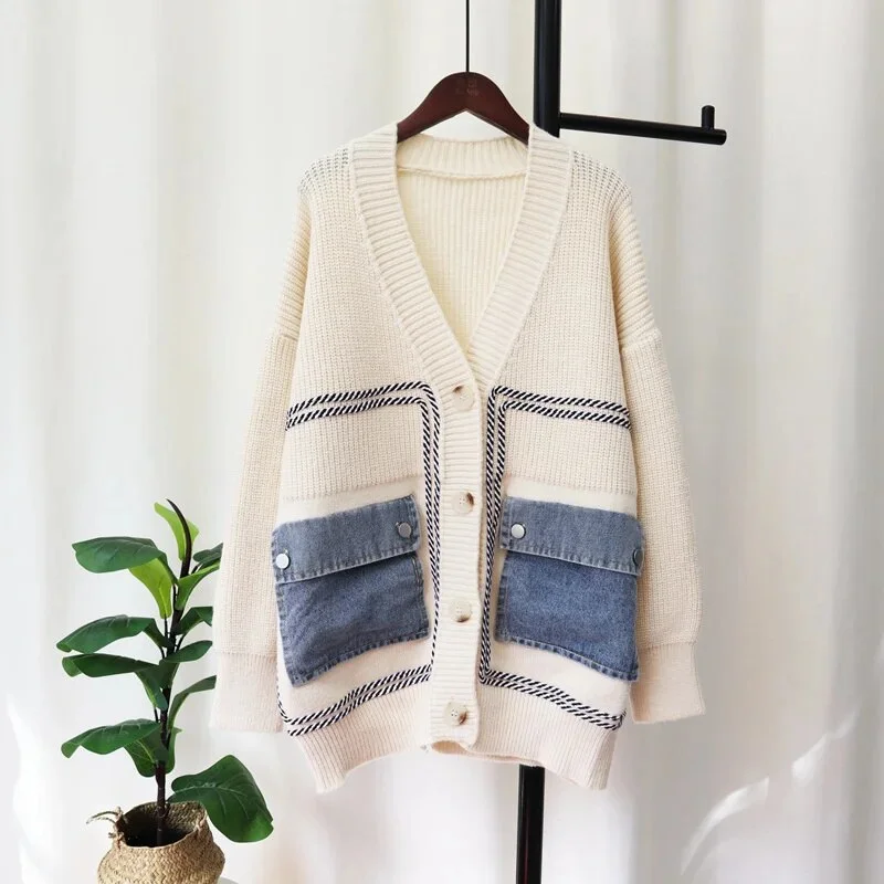 Sdrawing V-neck Long Sleeve Loose Splice Denim Knitted Cardigan Women Autumn 2023 Design Contrast Color Sweater Coat Female 16Y3783