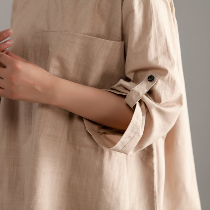 Elegant pure cotton tops oversize Casual Short Sleeve Khaki Pocket Long Tops