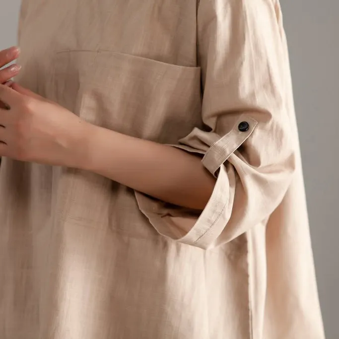 Elegant pure cotton tops oversize Casual Short Sleeve Khaki Pocket Long Tops