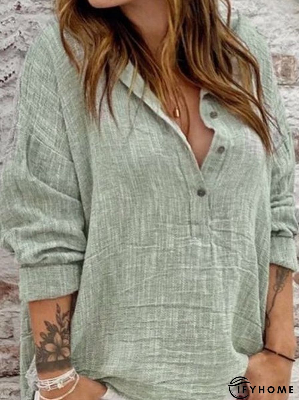 Plain Casual Linen Shirt Collar Tunic Blouse | IFYHOME