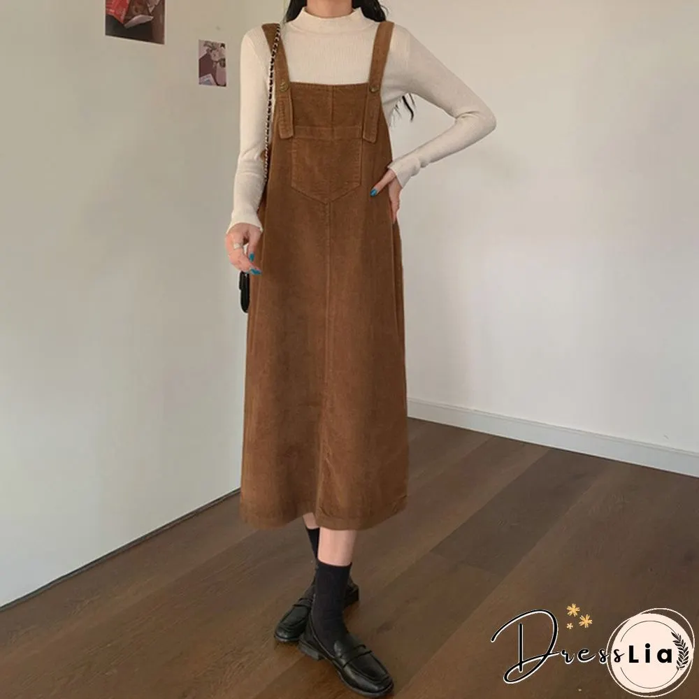 Women Winter Sleeveless Corduroy Casual Loose Warm Midi Tank Dress Sundress