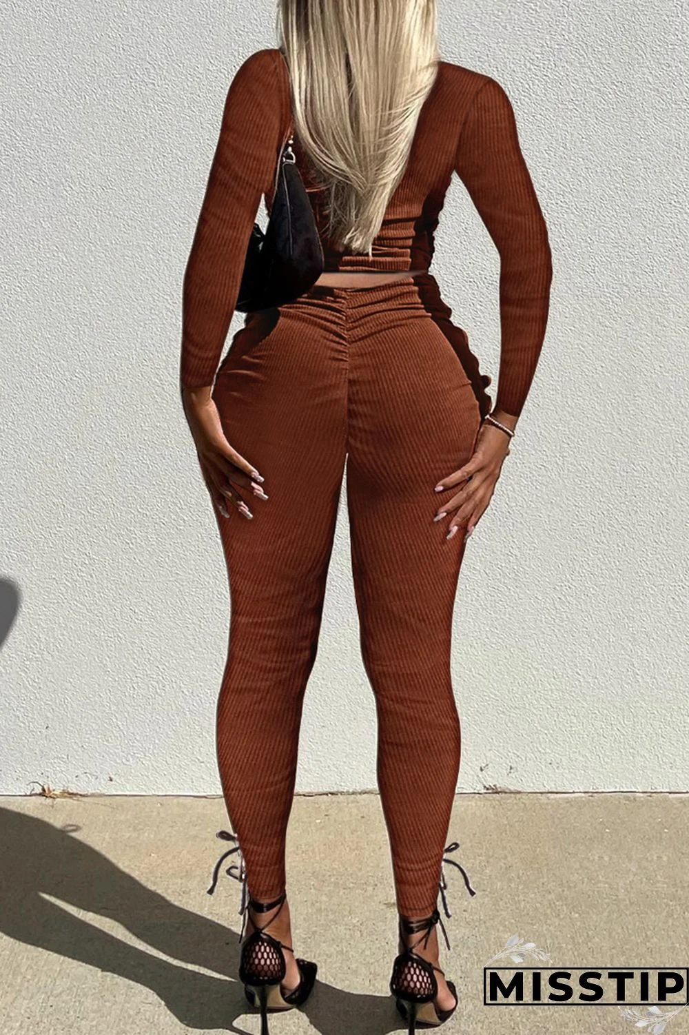 Brownness Fashion Casual Sweet Solid Fold O Neck Long Sleeve Two Pieces