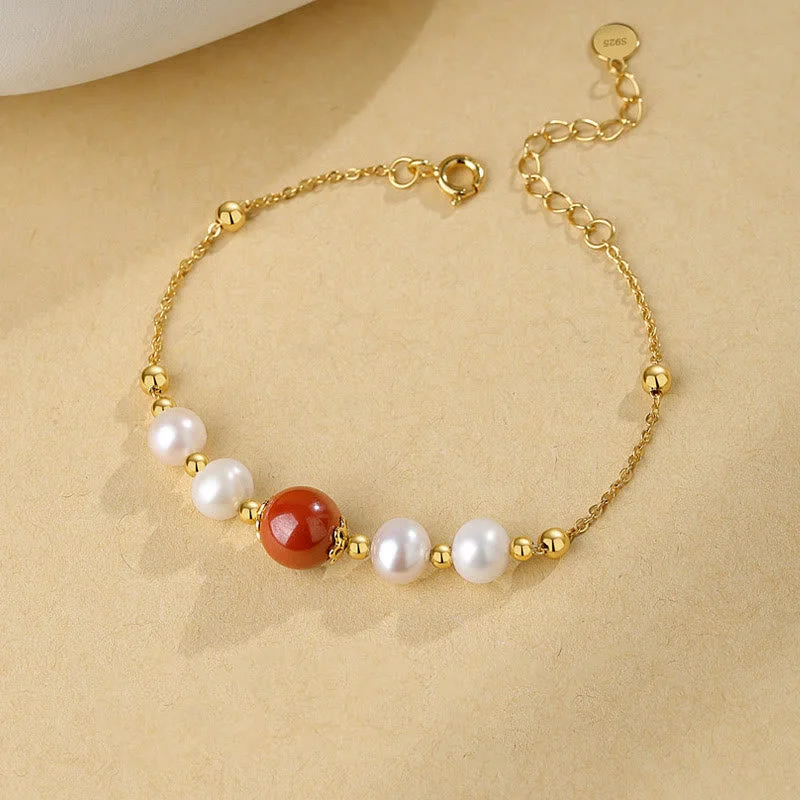 925 Sterling Silver Pearl Cinnabar Healing Bead Chain Bracelet