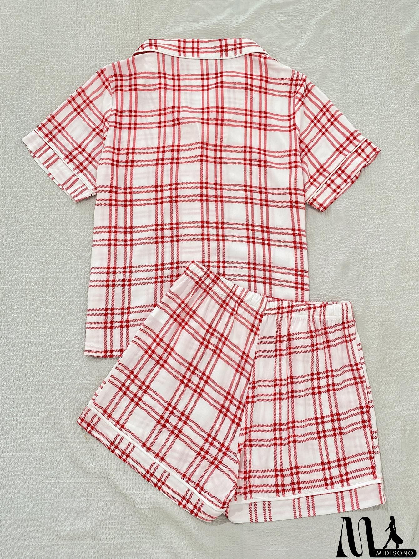 MidiSono - Plaid Lapel Collar Shirt and Shorts Lounge Set