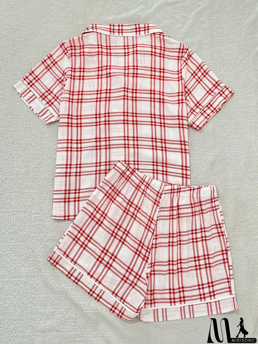 MidiSono - Plaid Lapel Collar Shirt and Shorts Lounge Set