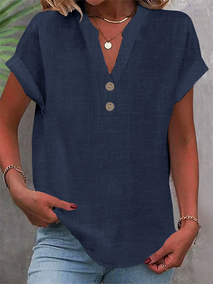 Summer Solid-Color Stand-Up Collar Button-Down Short-Sleeve Women's Shirt-JRSEE