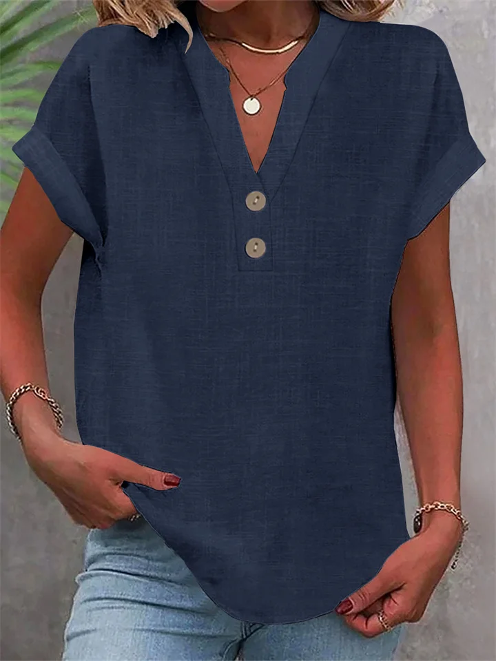 Summer Solid-Color Stand-Up Collar Button-Down Short-Sleeve Women's Shirt-JRSEE