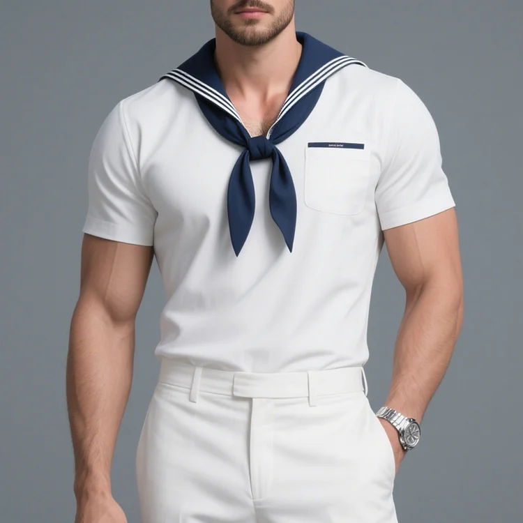 Okaywear Striped Sailor Collar Detachable Scarf Chest Pocket Short Sleeve Shirt Okaywear