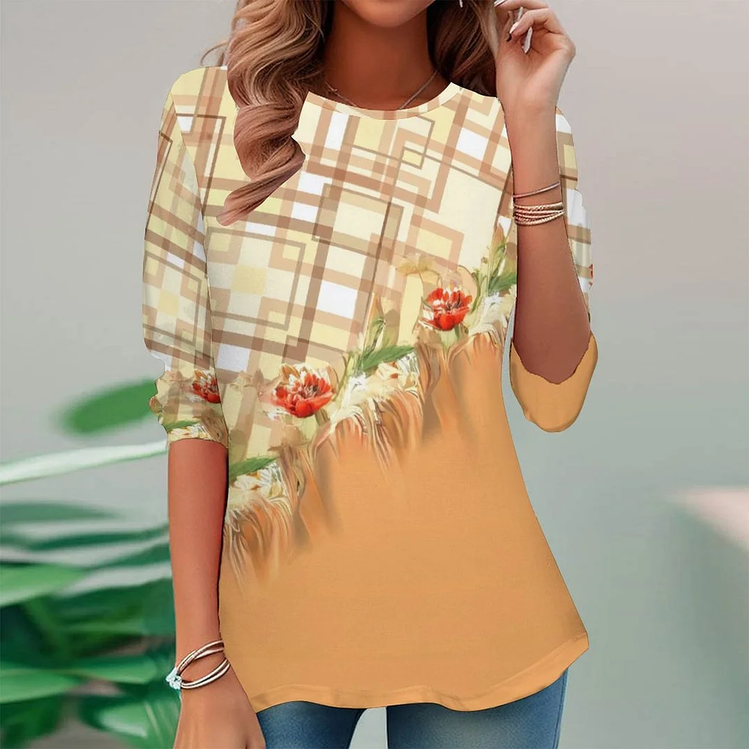 Vintage Printed Long Sleeve Plus Size Tunic for  Women and Men Unisex Pattern Yellow,Plaid,Floral