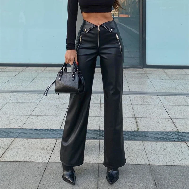 Uveng Uveng 2023 Ins Popular Women's High Waist Straight Loose Wide Leg Casual Pants Leather Pants