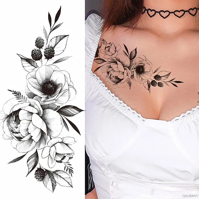 Black Flower Temporary Tattoos Sticker Arm Sleeve Rose Moon Butterfly Snake Henna Body Decorate Realistic Fake 3D Women Totem