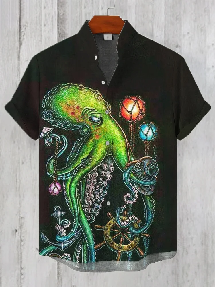 Deep Sea Monster Print Men's Linen Shirt