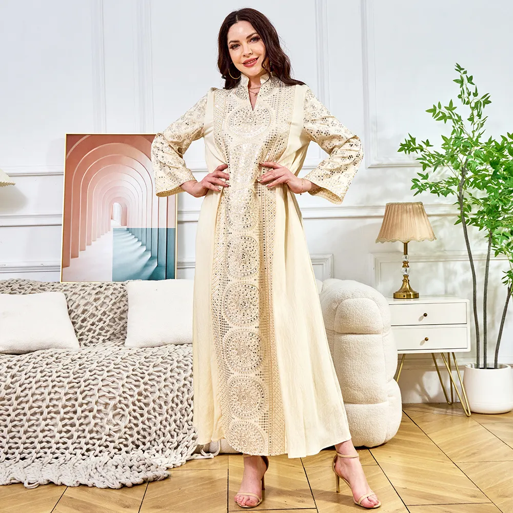 Women Stand Collar Geometric Sequin Embroidered Flare Sleeve Modest Maxi Dress