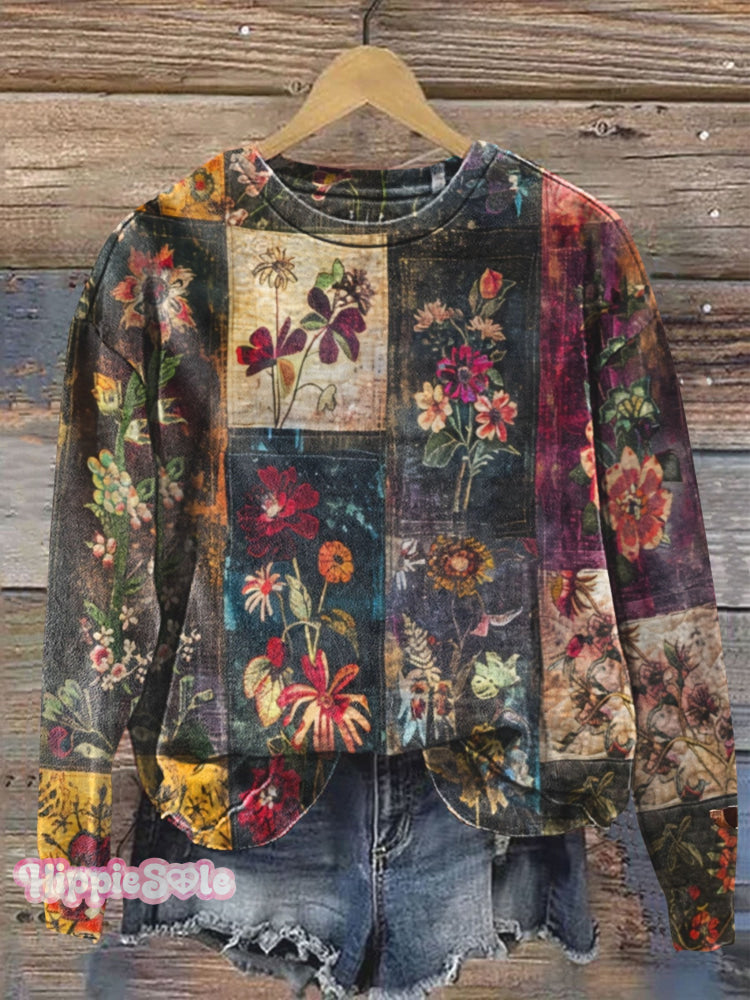 Vintage Floral Patchwork Art Print Casual Sweatshirt Multicolor / S
