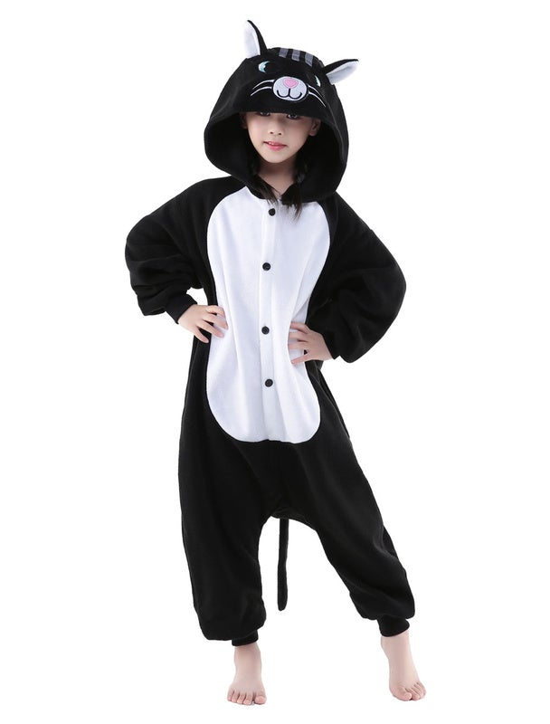Kigurumi Pajama Cat Onesie Kids Black Flannel Sleepwear Jumpsuit Halloween Costume Novameme