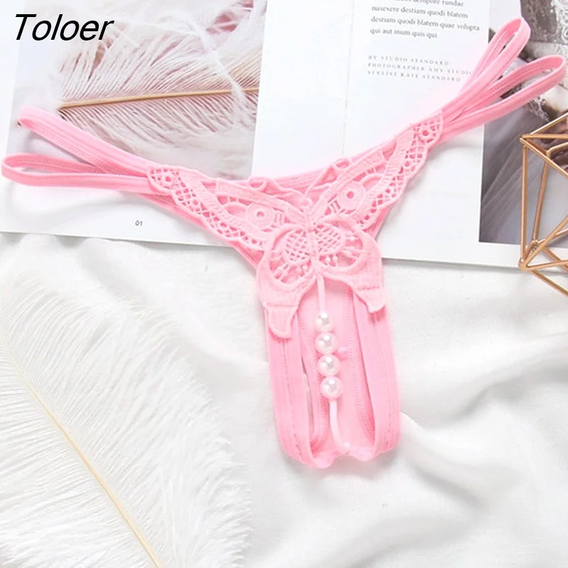 Toloer Women Pearl Massuge Thong Fashion Butterfly Underwear Lingerie Briefs Embroidery Hollow Out G-String Panties 304-1