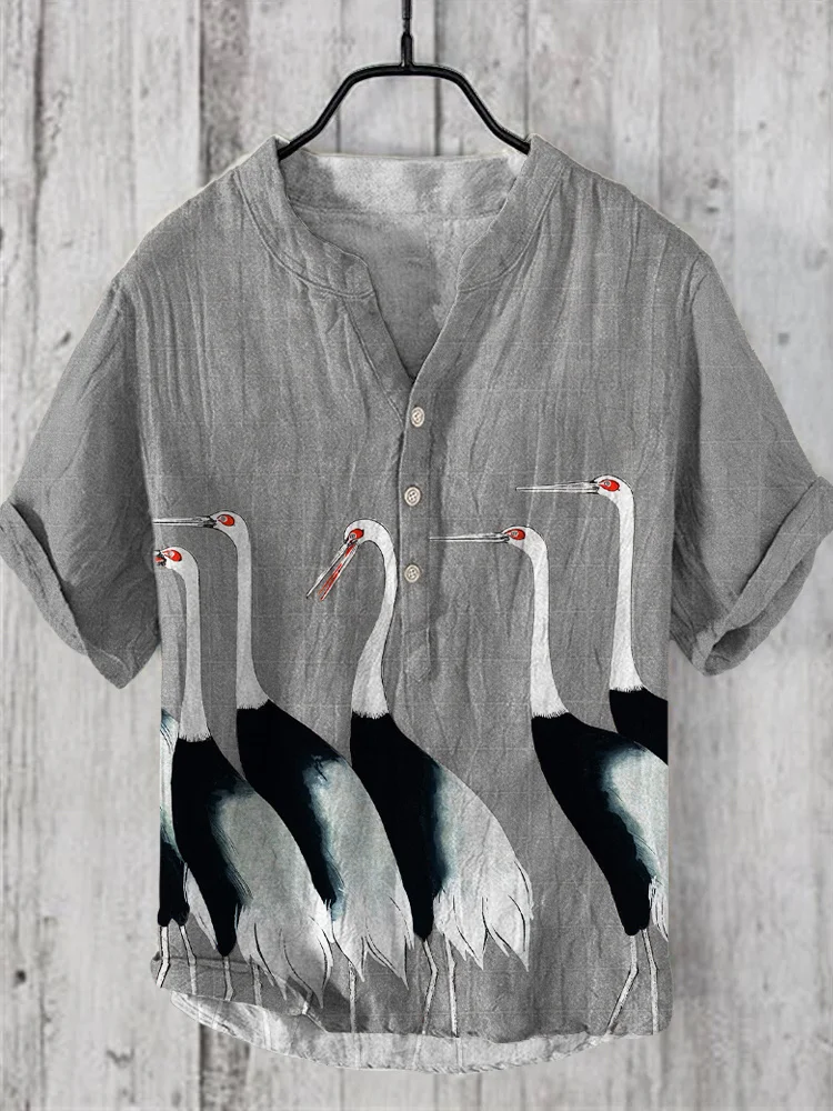 Crane Japanese Art Print Linen V-Neck Shirt