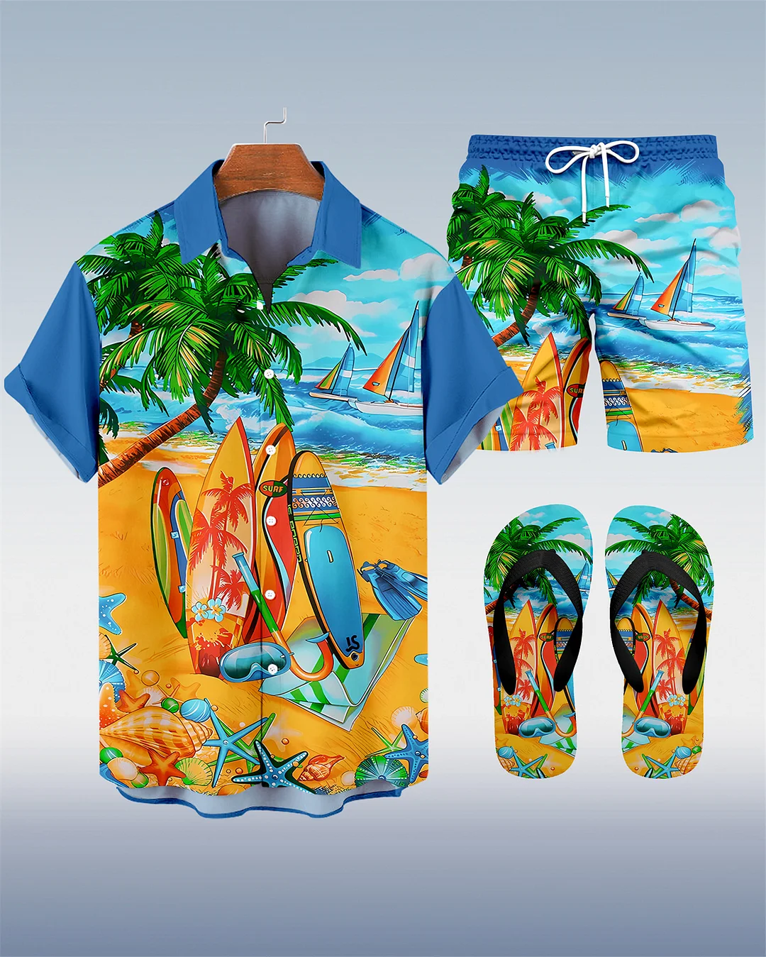 Suitmens Men's Tiki Party Hawaiian Vacation Print Three-Piece Set 021