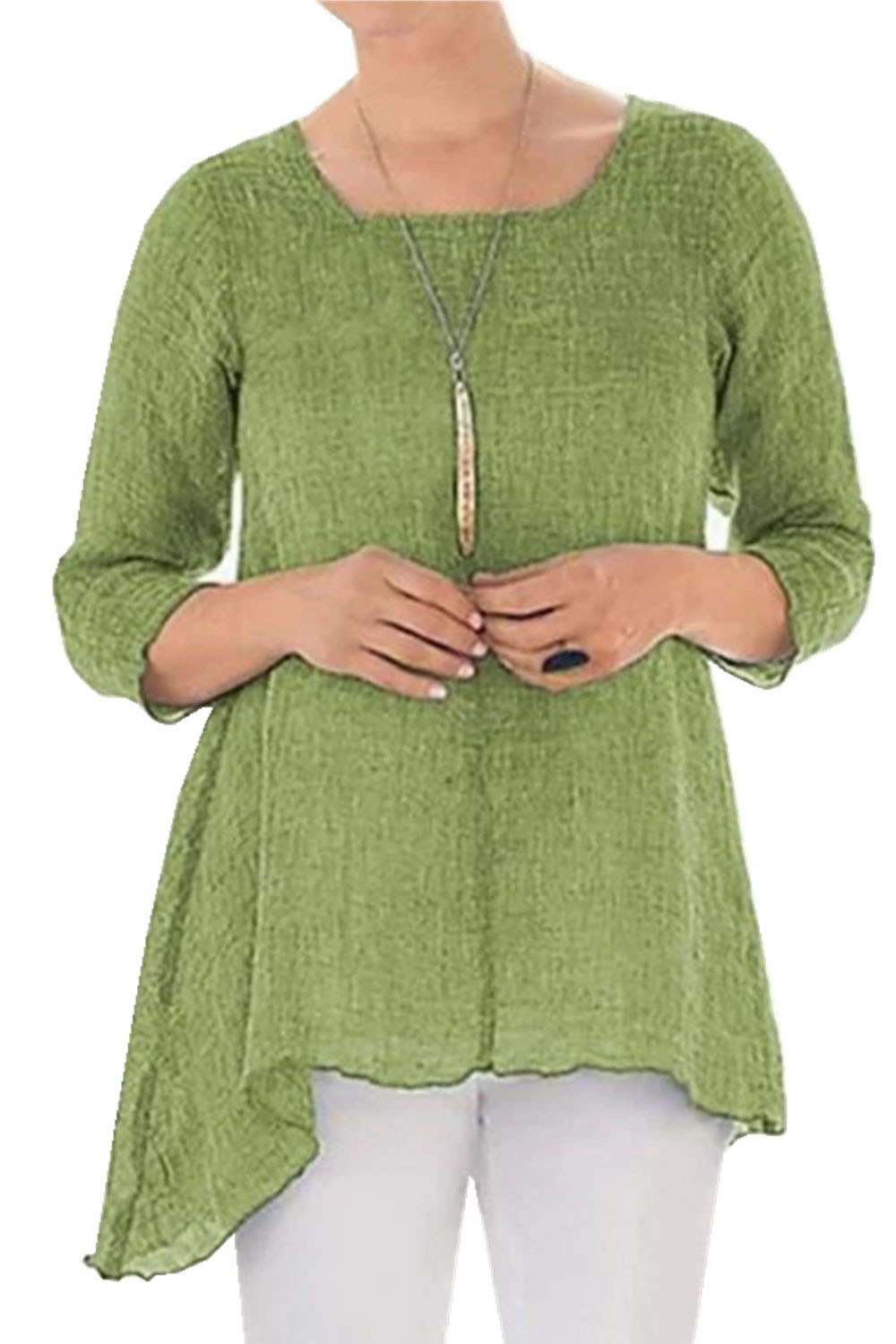 Plus Size Everyday Blue Solid 3/4 Sleeve Asymmetrical Hem Blouse 2024 - Flycurvy 
