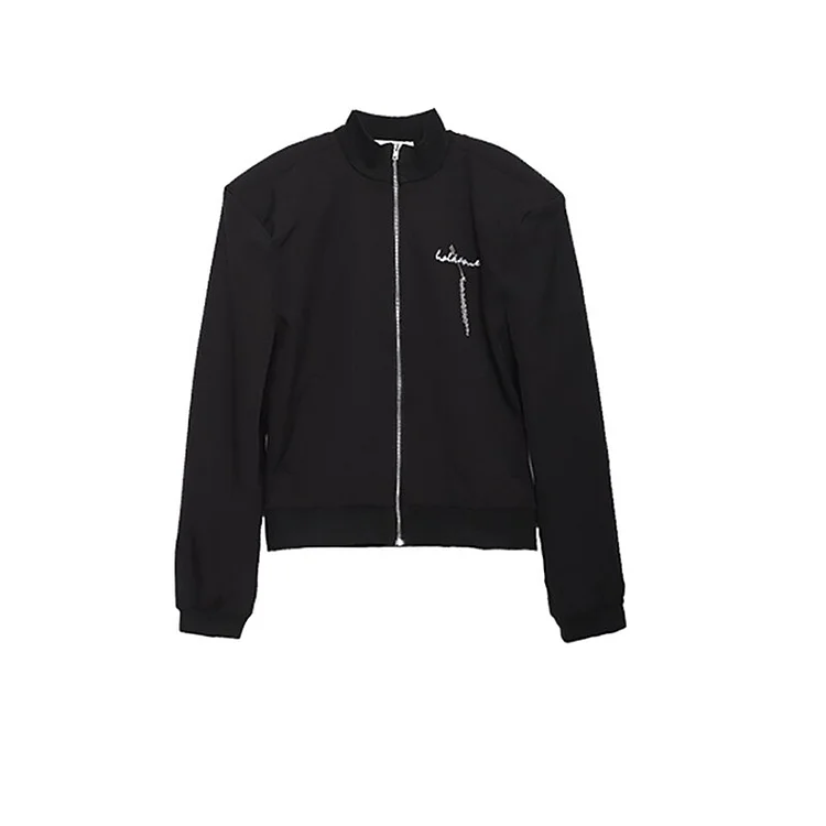 Fashion Solid Color Stand Collar Splicing Chain Embroidered Decor Zip-up Jacket  