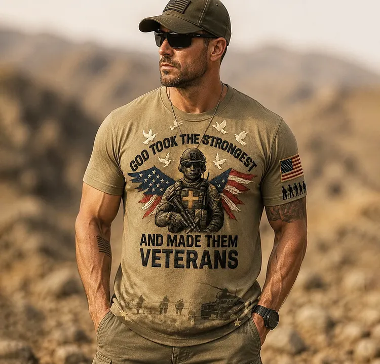 Men's Retro Casual Veteran Print T-shirt
