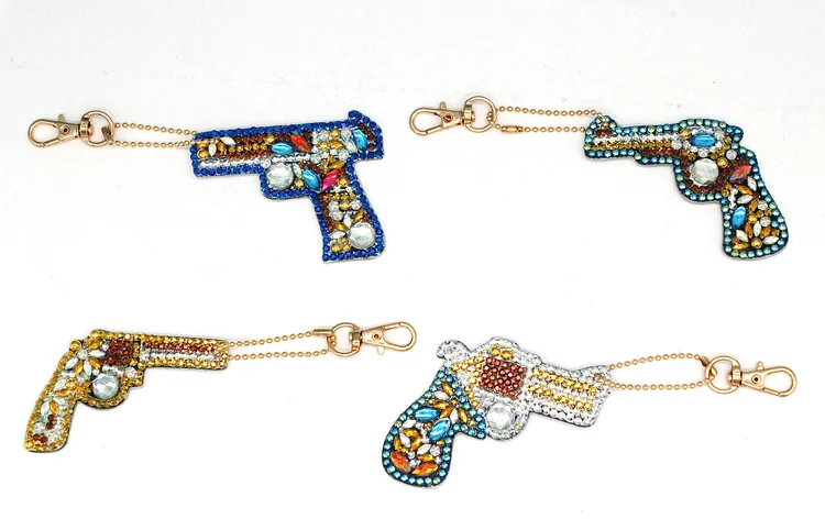 Double-sided stickers special diamond painted keychain key ring-Pistol