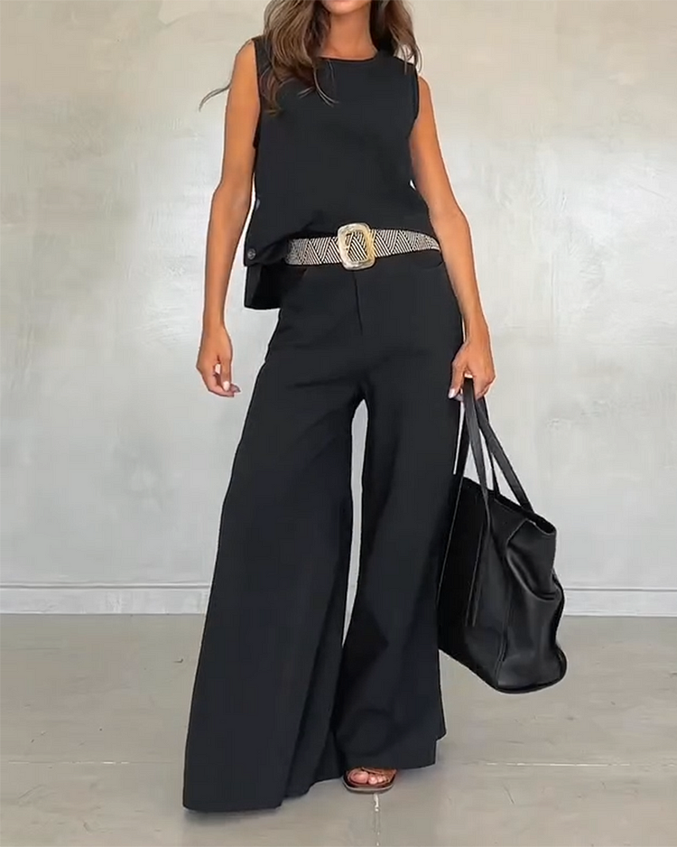 Round Neck Button Top Wide Leg Pants Two Piece Set Without Belt