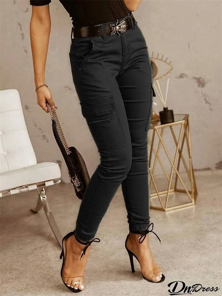 Street Style Low Waist Solid Color Pocket Cargo Pants
