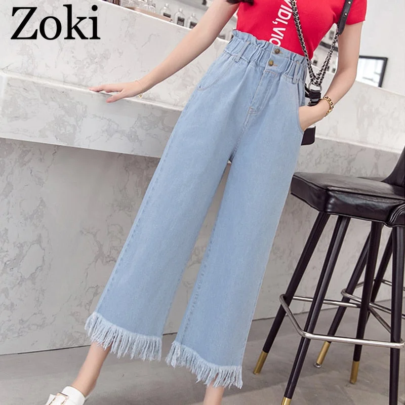 Zoki Spring Plus Size Women Jeans Tassel High Waist Elastic Ankle-Length Denim Pants Fashion Loose Wide leg Female Jeans S-5XL