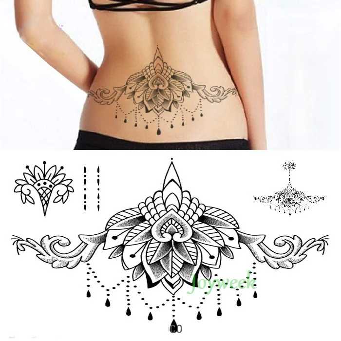 Sdrawing Temporary Tattoo Sticker leaf flower plant black sketch Fake Tatoo Breast Chest Back Belly Flash Tatto For Women Girl
