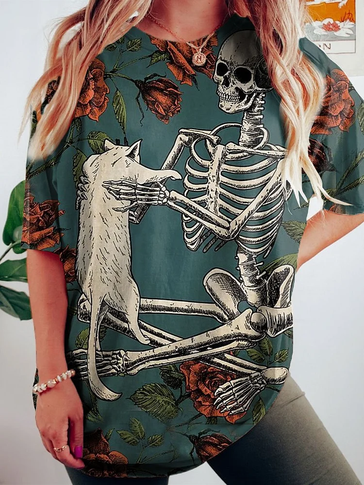 Women's Skull Cat Art Print Crew Neck Causl Shirt