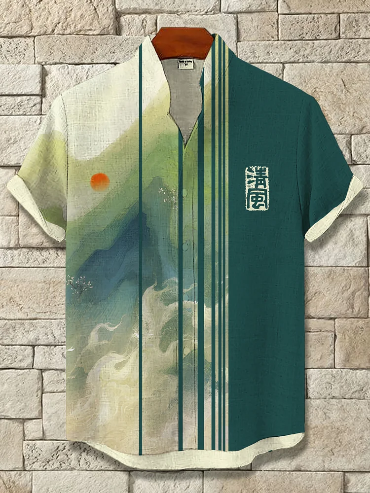 Men's Chinese Style Mountains Landscape Art Print Shirt