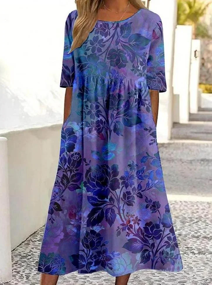 Vintage Floral Print Crewneck Pocket Midi Dress