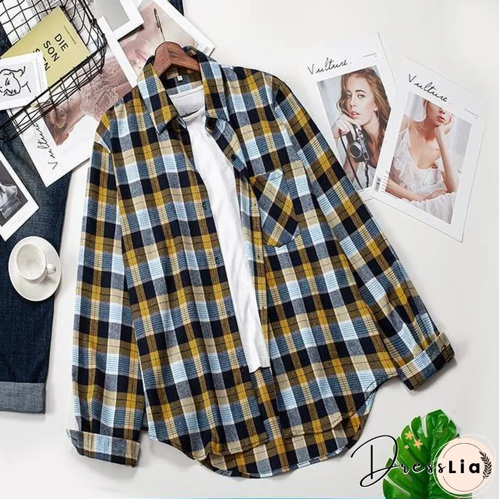 Plaid Shirts Womens Blouses Long Sleeve Lady Checked Tops Loose Female Outwear Casual
