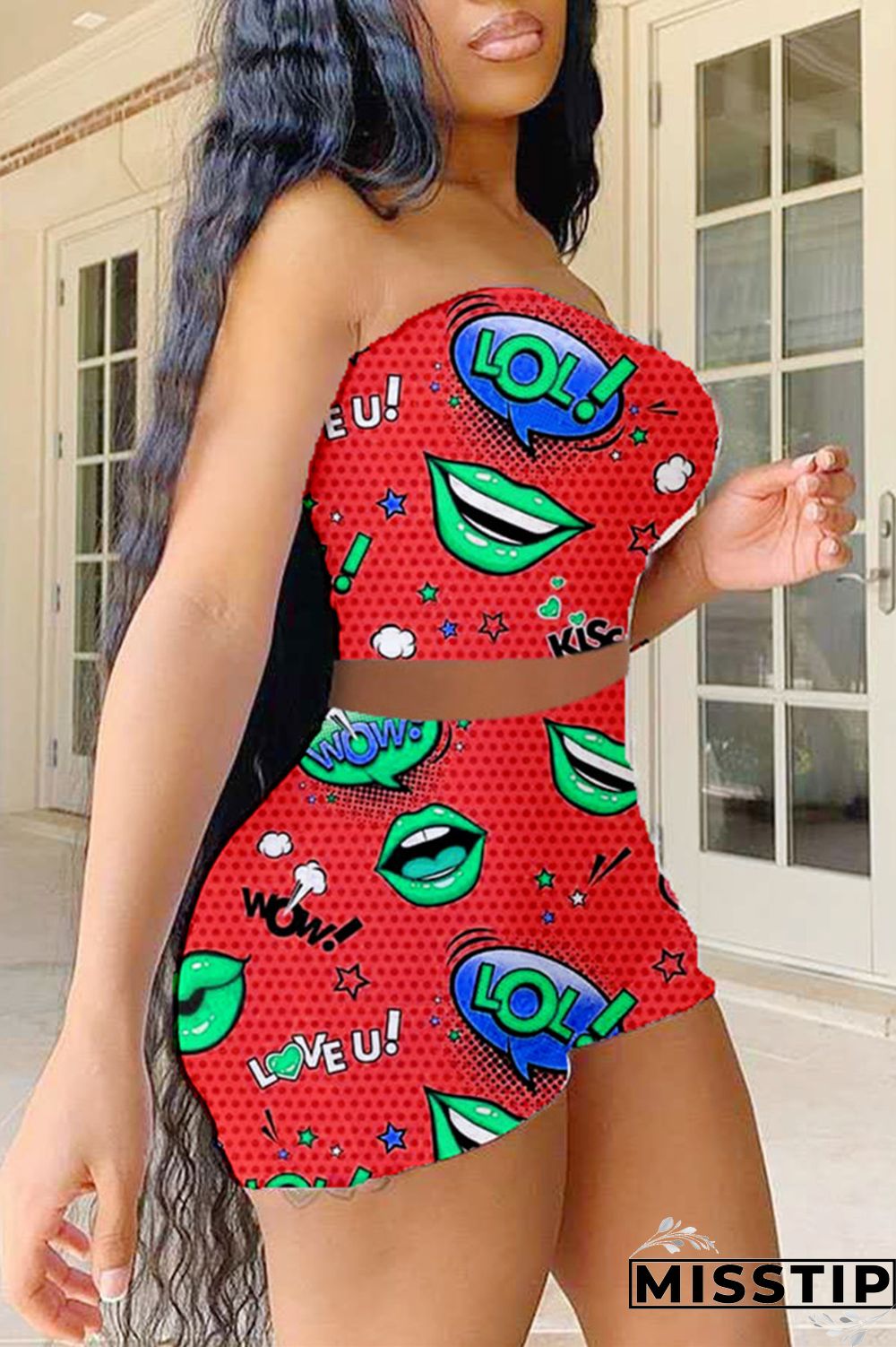 Green Sexy Casual Print Backless Strapless Sleeveless Two Pieces