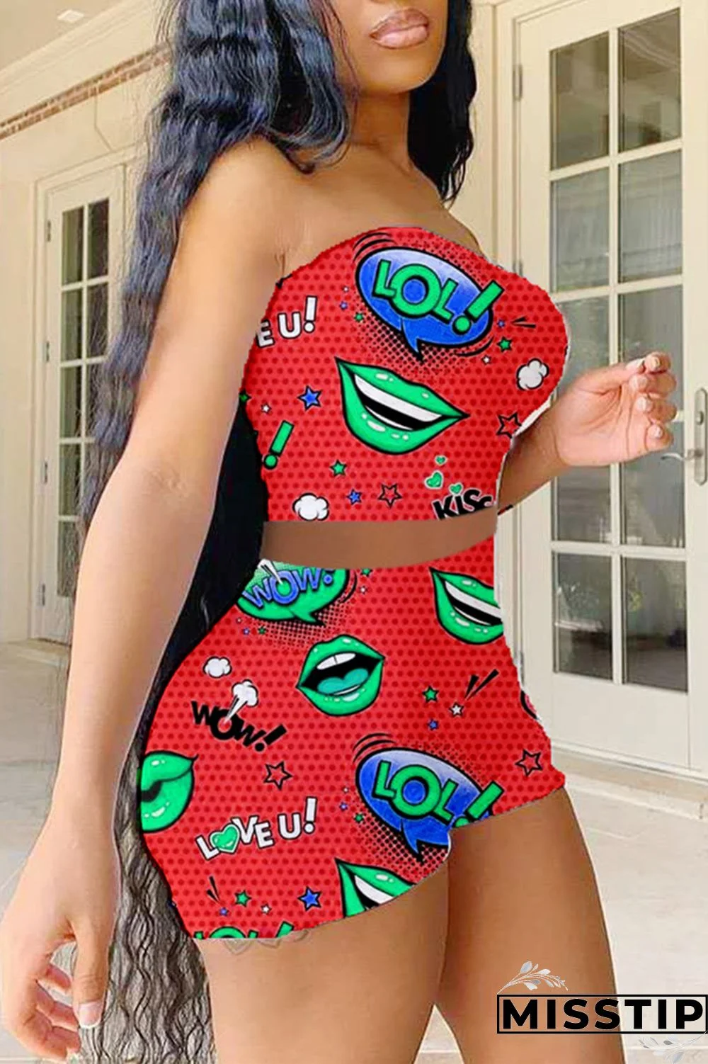 Red Sexy Casual Print Backless Strapless Sleeveless Two Pieces