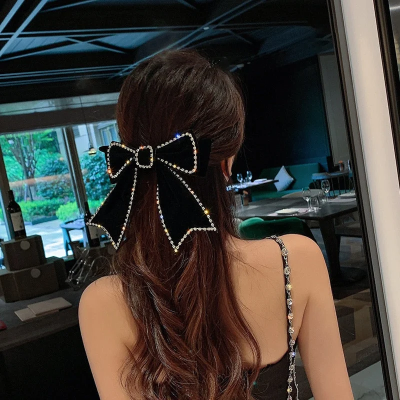 Korean Legant Ribbon Velvet Bow Crystal Hair Clips SP17223
