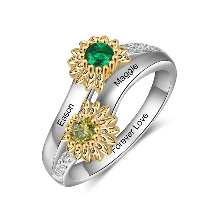 Personalized Birthstone Ring Custom Name Vintage Sunflower Ring