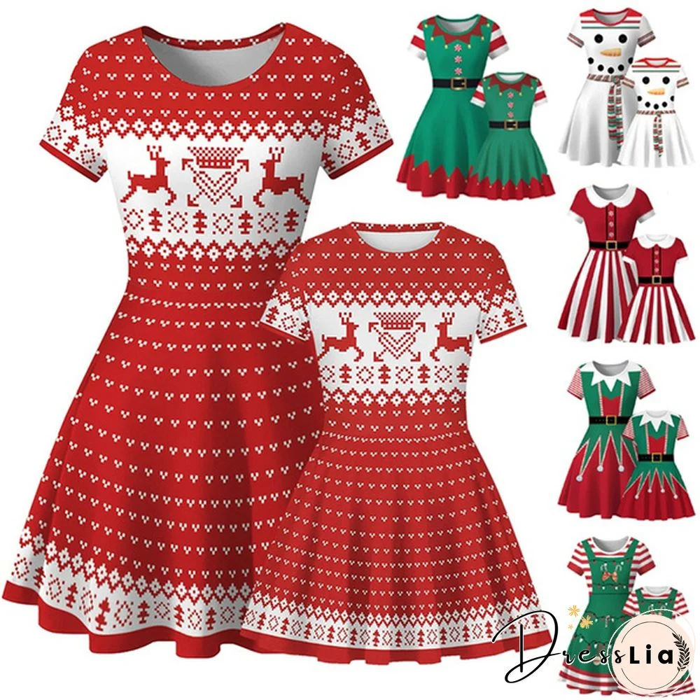 Mommy and Me Ugly Christmas Dress Short Sleeve Snowman Elk Print Holiday Dresses for Xmas