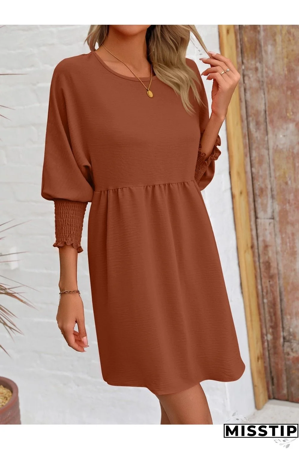 Round Neck Lantern Sleeve Mini Dress