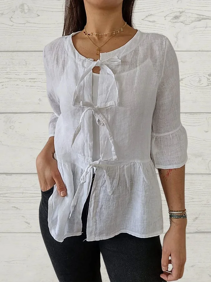 Women's Casual Solid Color Bow Tie Mid Sleeve Shirt