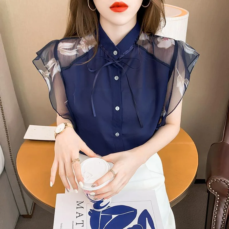 Jangj Summer New Flower Stitching Elegant Chiffon Shirt Short Sleeve Crew Neck Open Stitch Blouse Korean Fashion Women Shirt