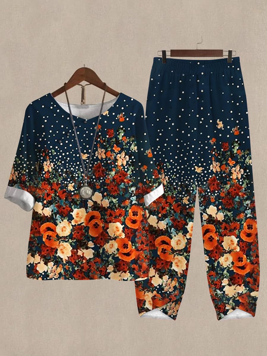 Women's Oil Painting Print Half Sleeve Top And Casual Pants Linen Two Pieces